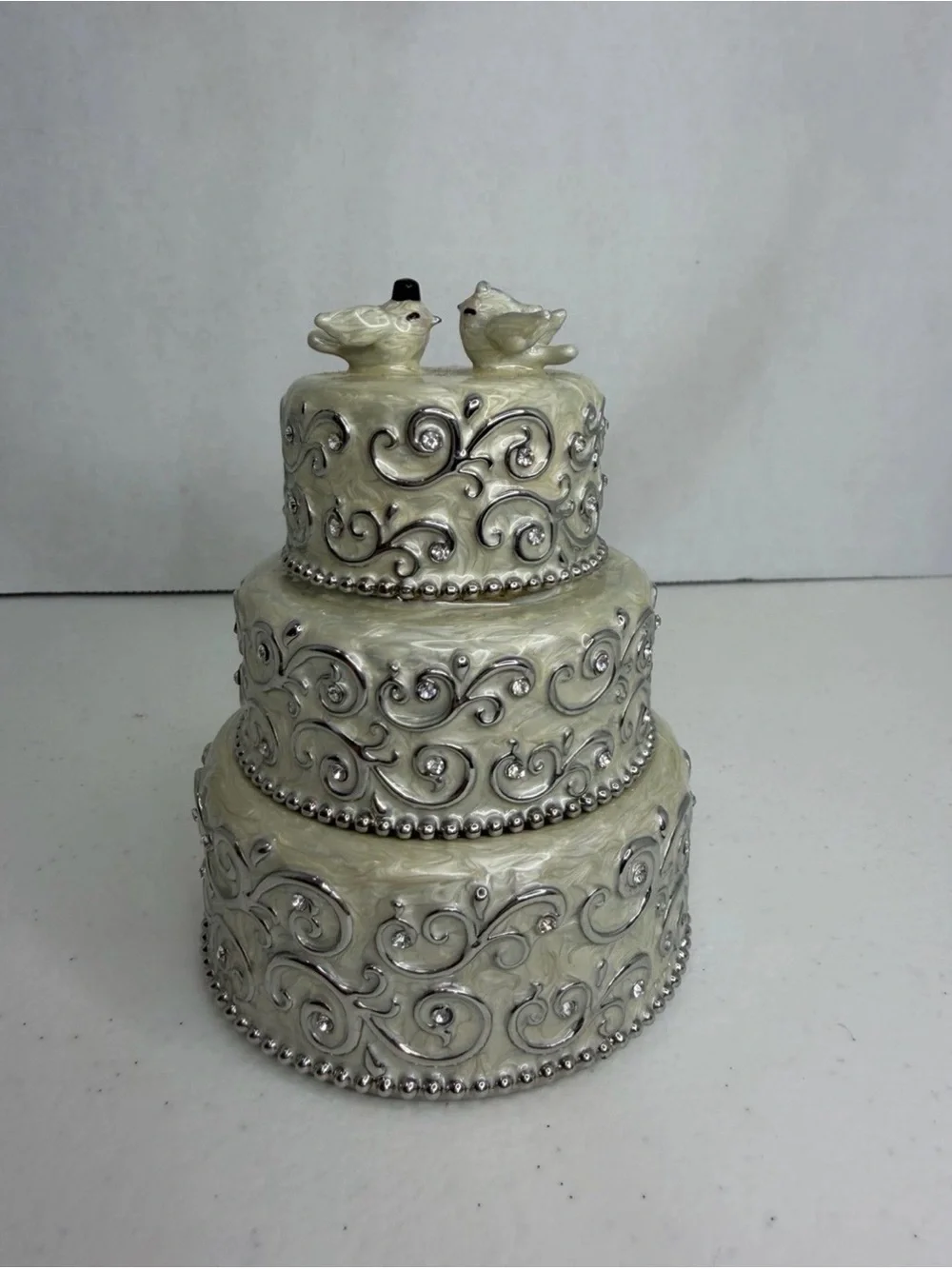 3 Tier Wedding Cake Trinket Box Ivory Silver Scroll Doves Rhinestone Jewelry Box